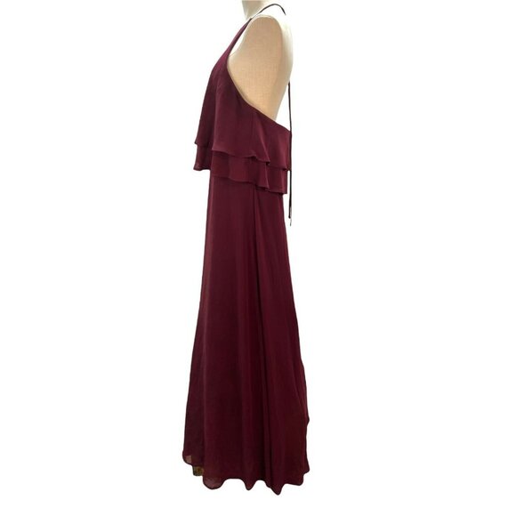 Reverie Burgundy Halter Maxi Dress Size 12 Double Tier Ruffle Overlay Open Back - Picture 2 of 10